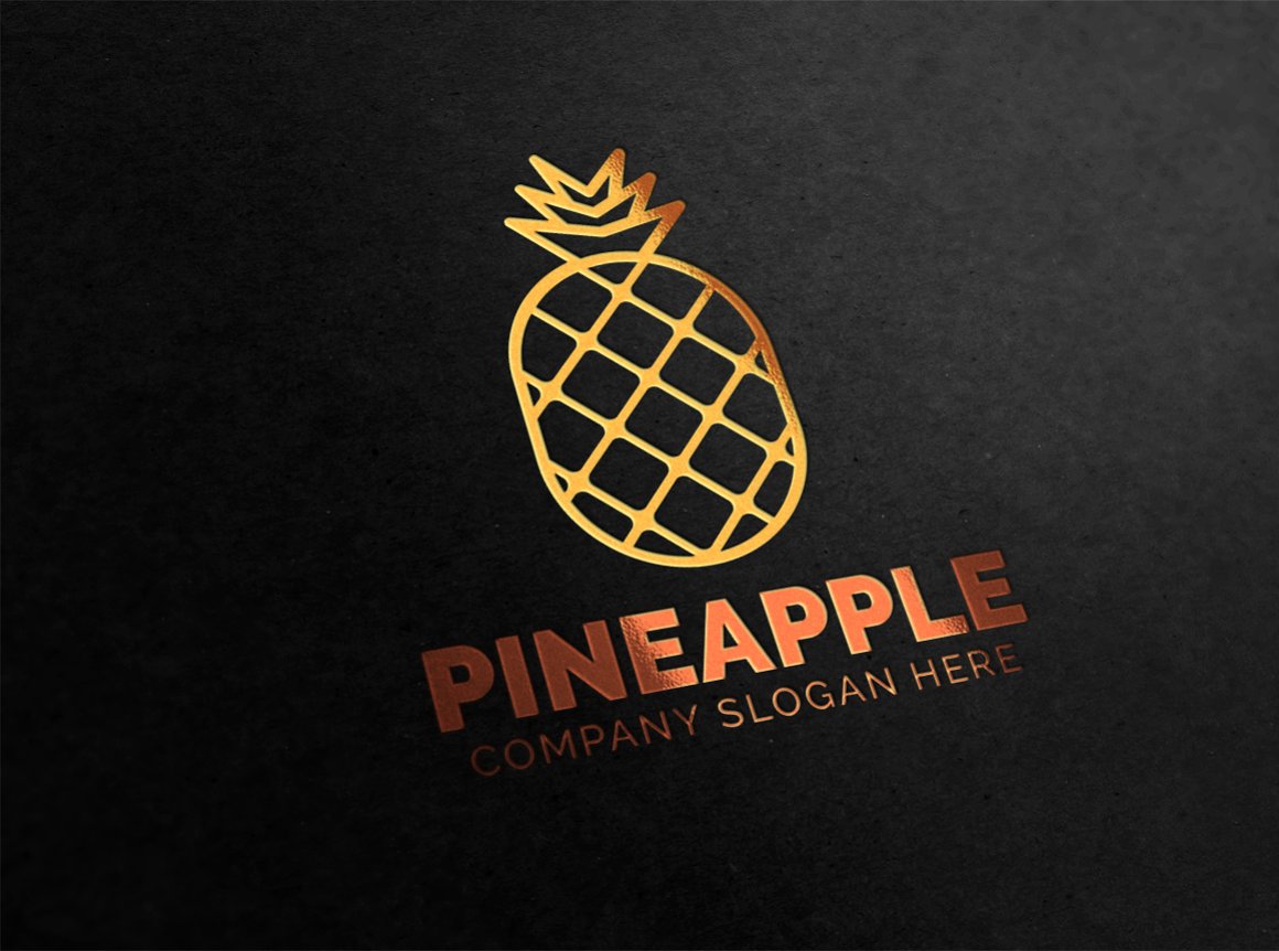 Gold pineapple logo on the matt dark background.