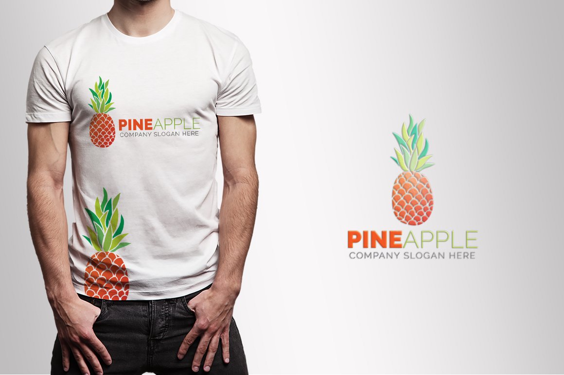 White t-shirt with colorful pine apple.