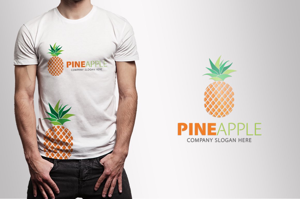 White t-shirt with pineapple logo.