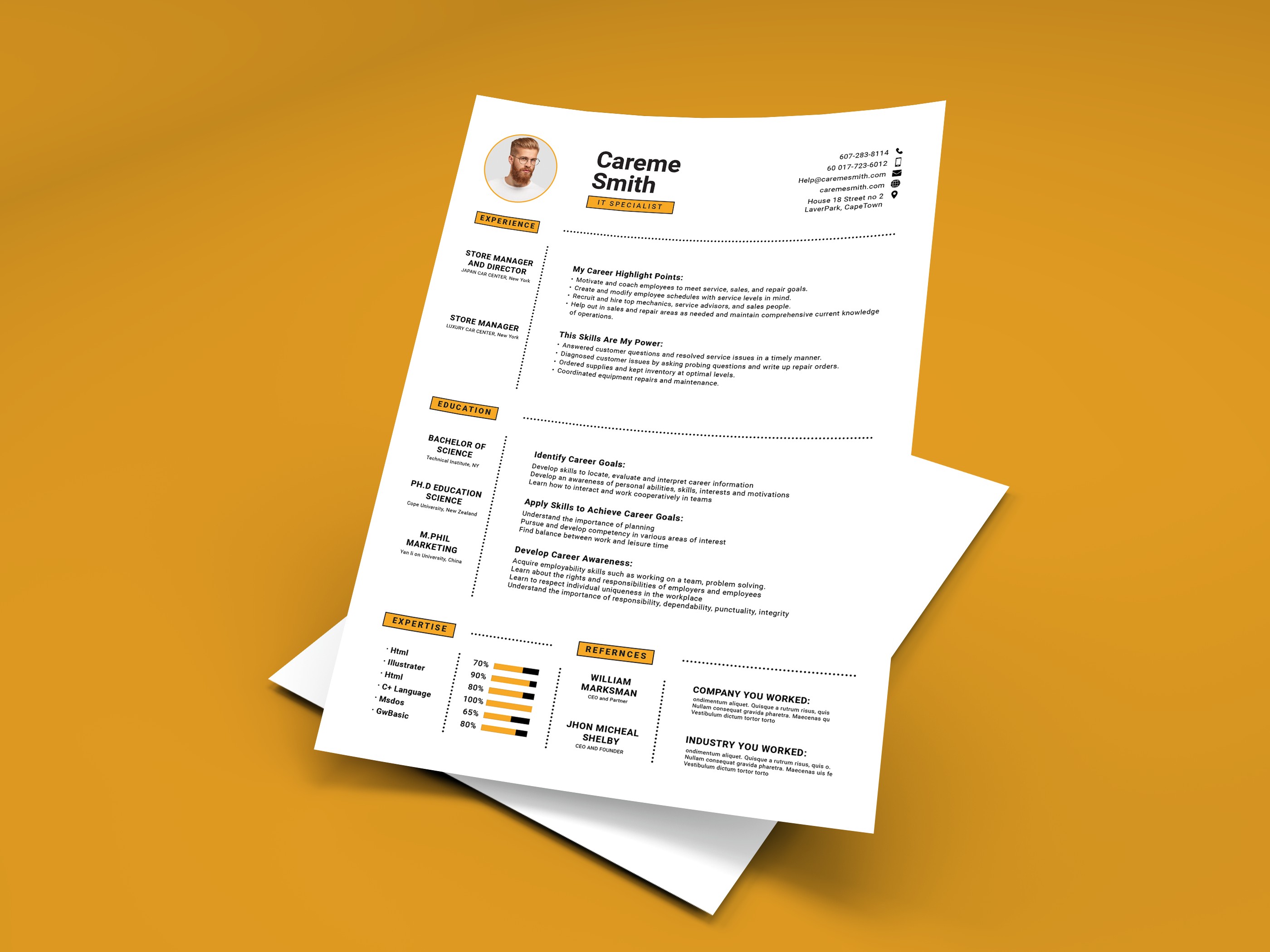 Resume template with a yellow background.