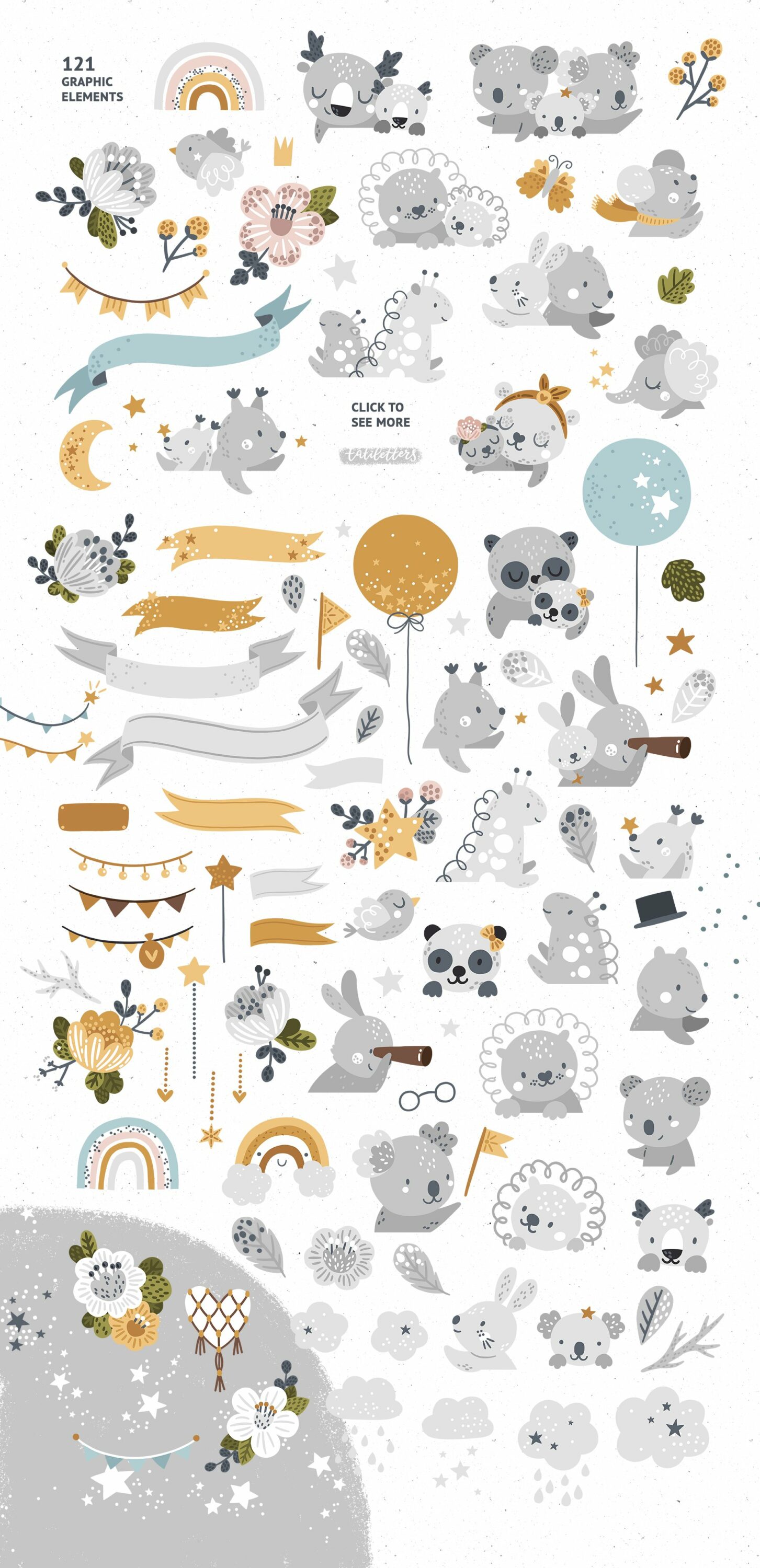Grey animals and divers of forest elements.