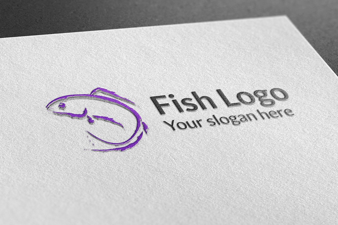 Grey matte paper with a delicate purple fish logo.