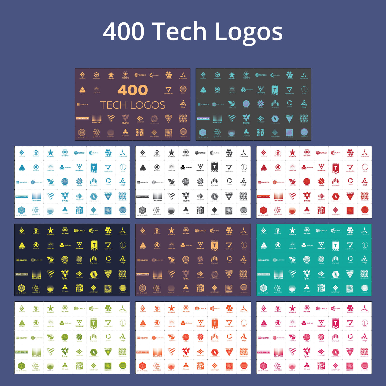 This bundle Includes 400 (40 unique logos in 10 color schemes) geometric (abstract) logo.