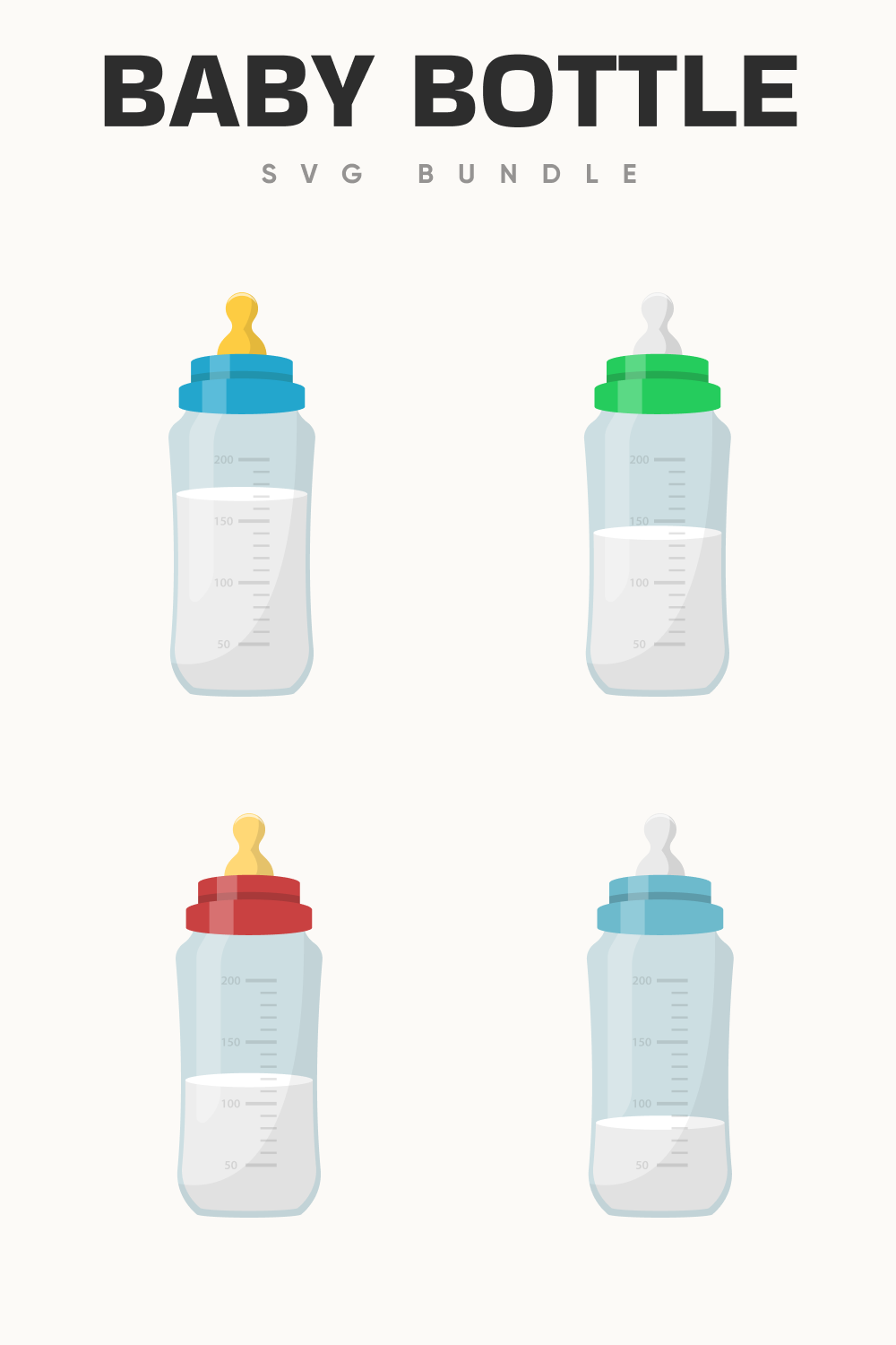 Baby bottles in different colors.