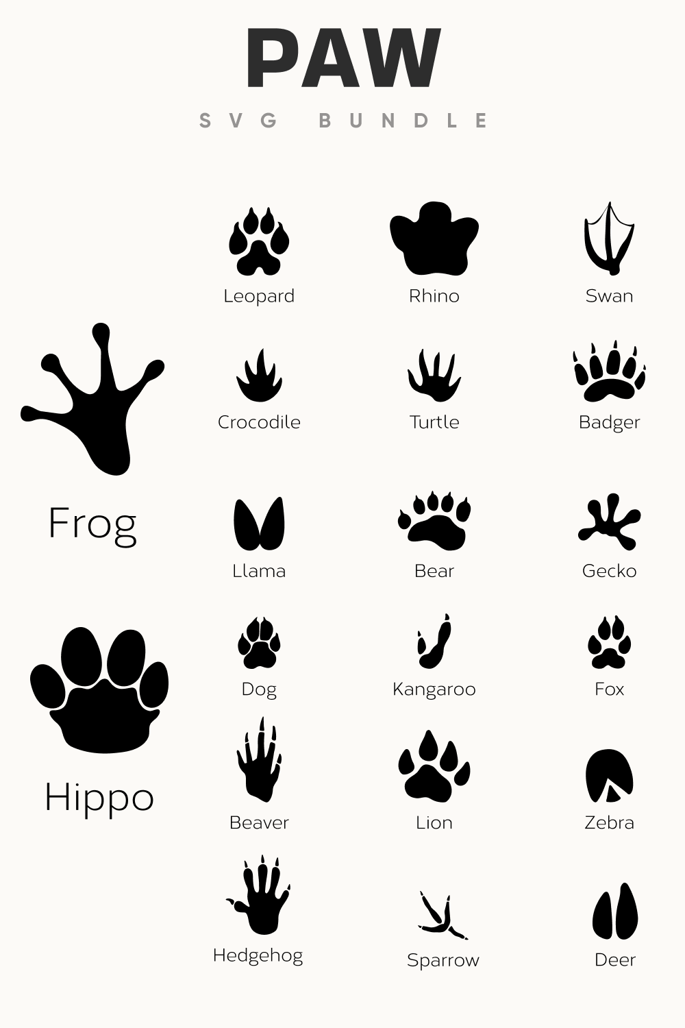 Black and white image of different animal footprints.