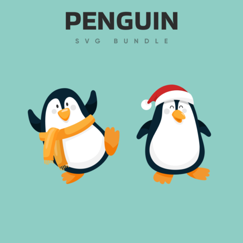 Two penguins wearing christmas hats and scarfs.