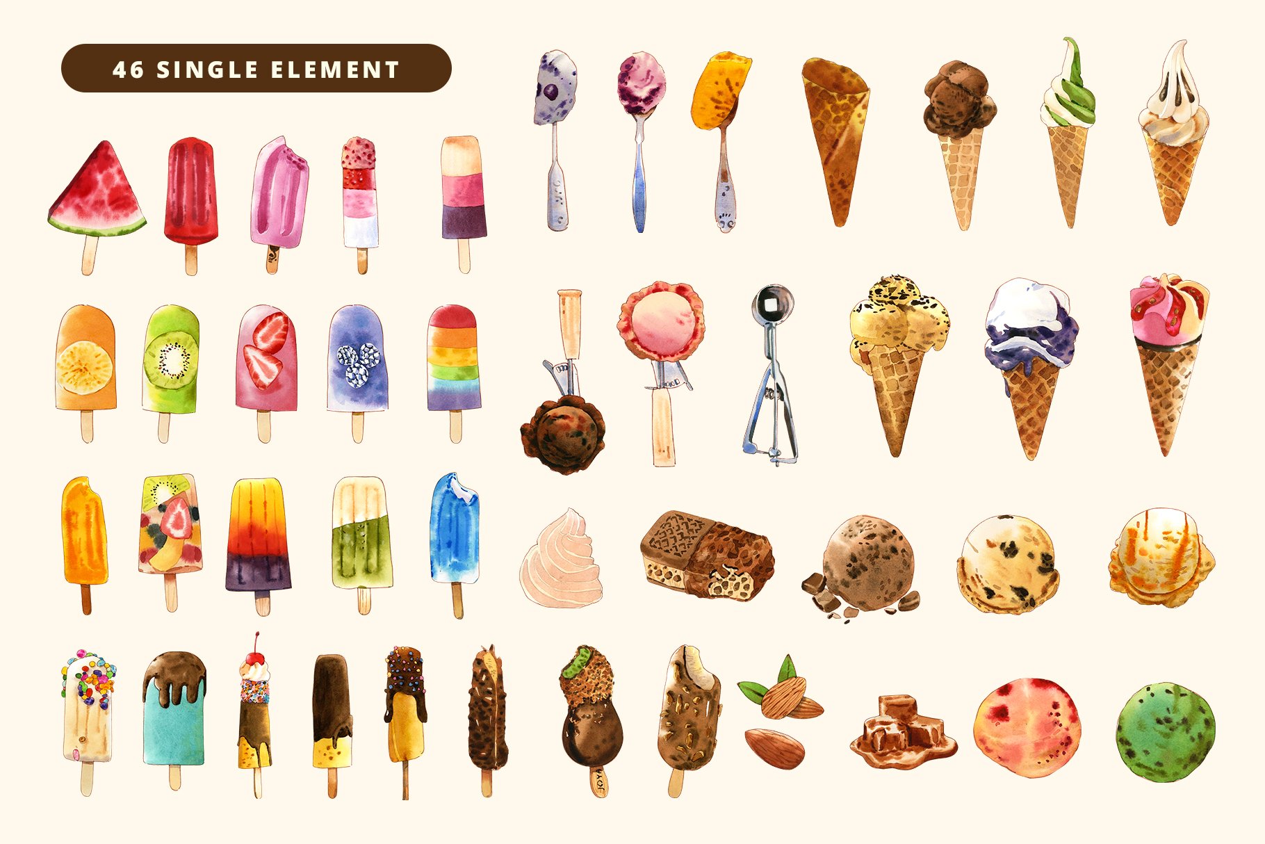 Big set of the ice cream elements.