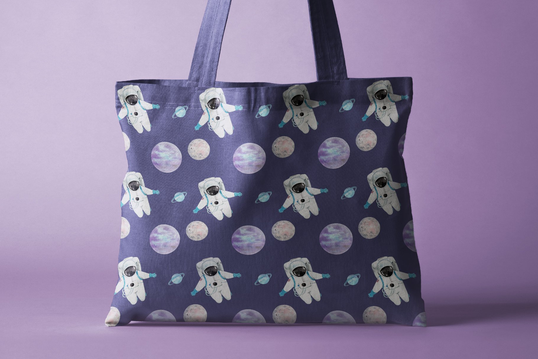 Purple bag with planets.
