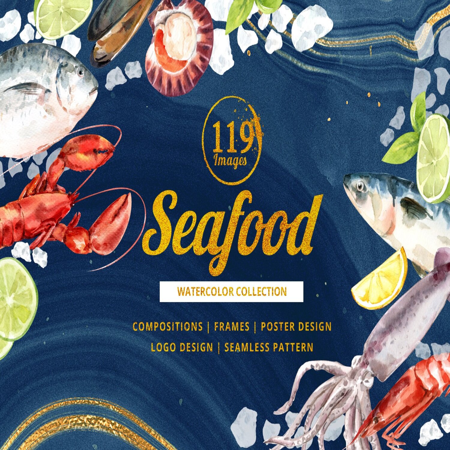 Seafood Watercolor Illustration set cover.