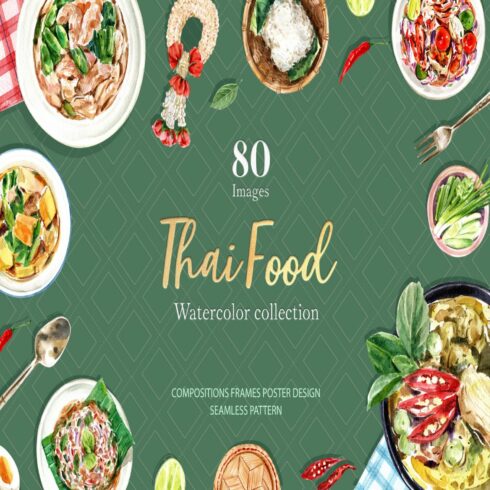 Thai Food Dishes Watercolor Set cover.