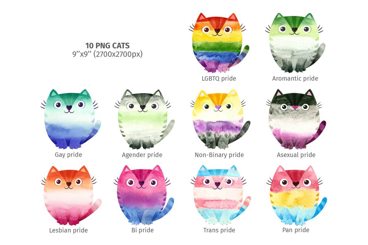 LGBT pride month. Watercolor clipart with cute cats. LGBTGQ – Asexual, Lesbian, Gay, Trans, Bisexual, Pansexual, Non-binary, Aromantic, Agender PNG clip art.