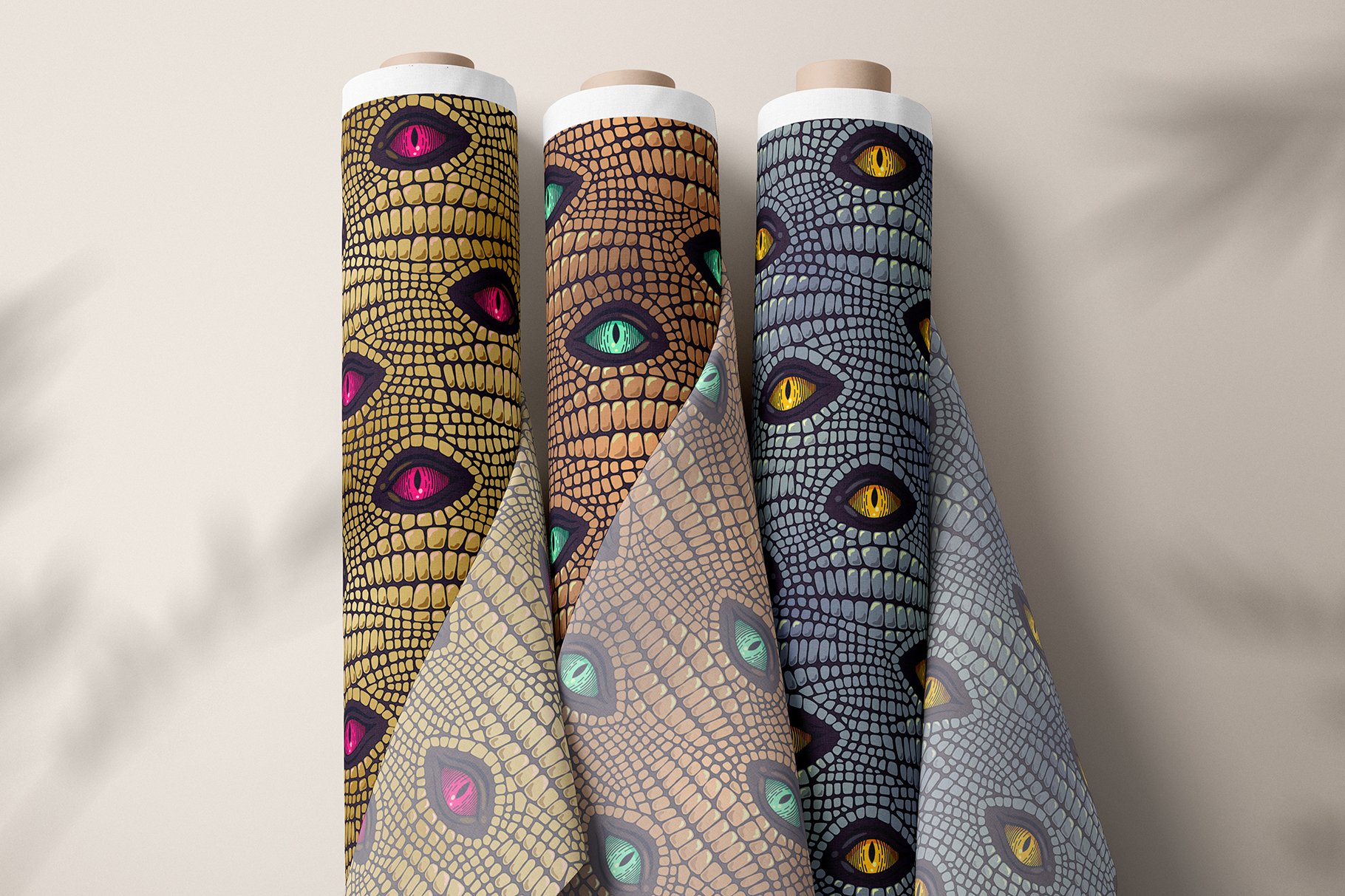 Fabric rolls with the dragon prints.