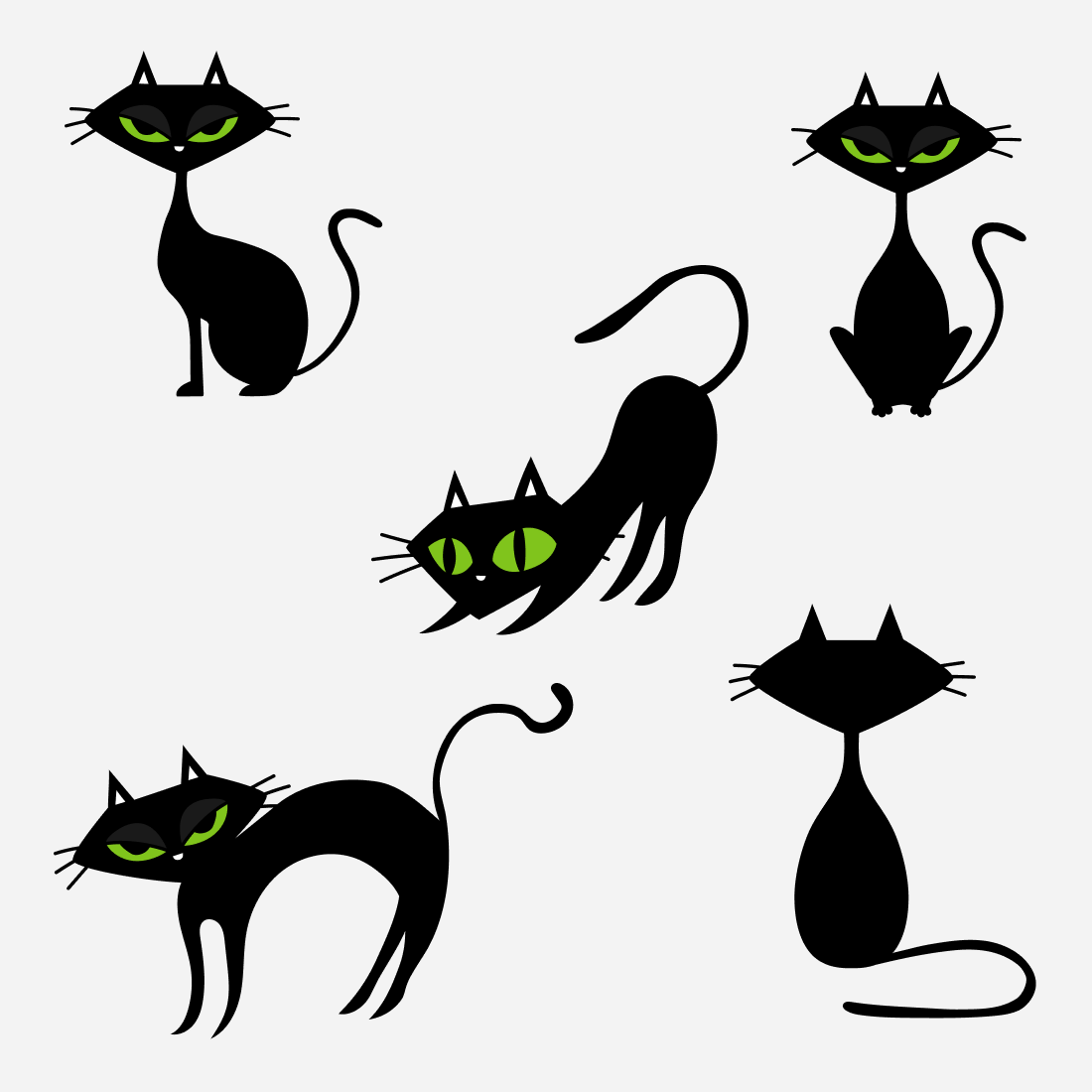 Set of four black cats with green eyes.