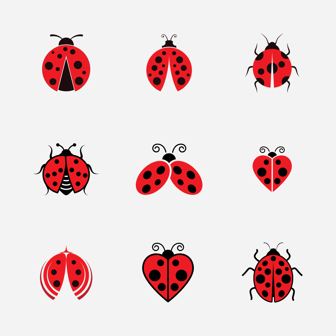 Set of nine ladybugs on a white background.