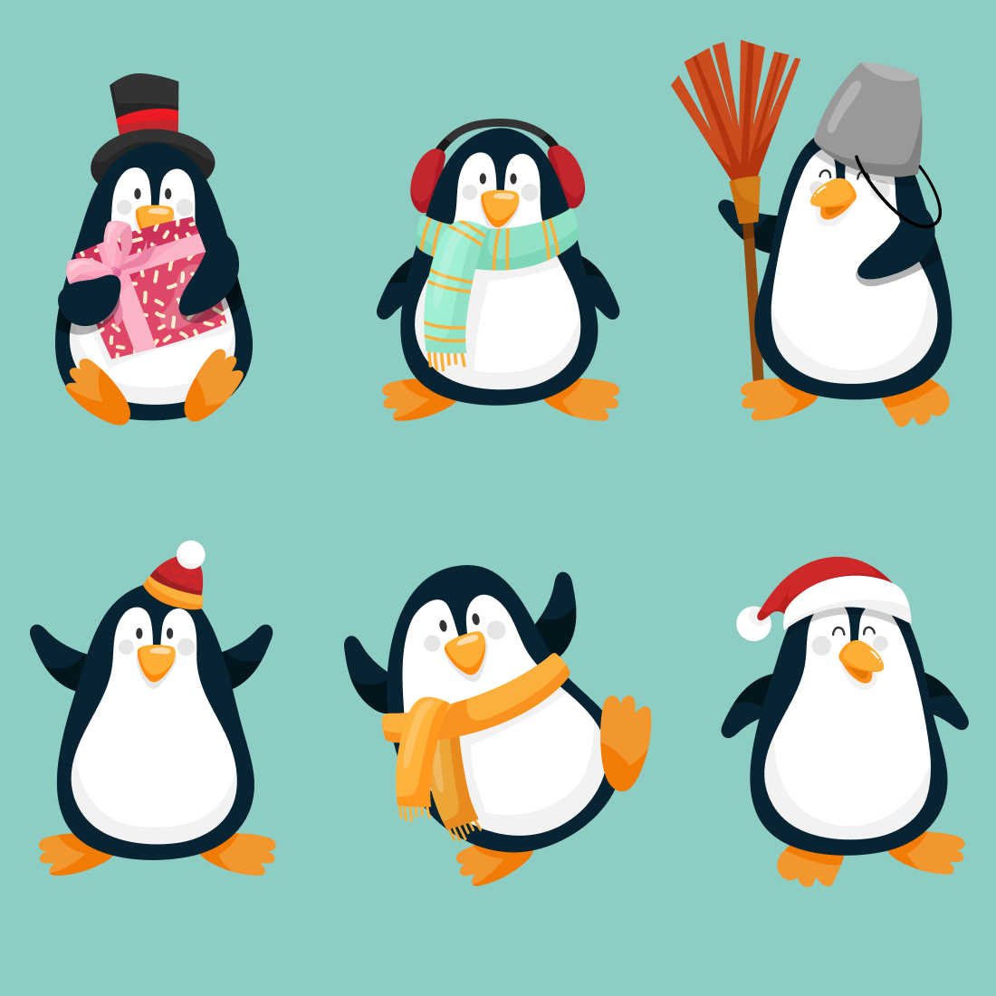 Group of penguins with hats and scarves.