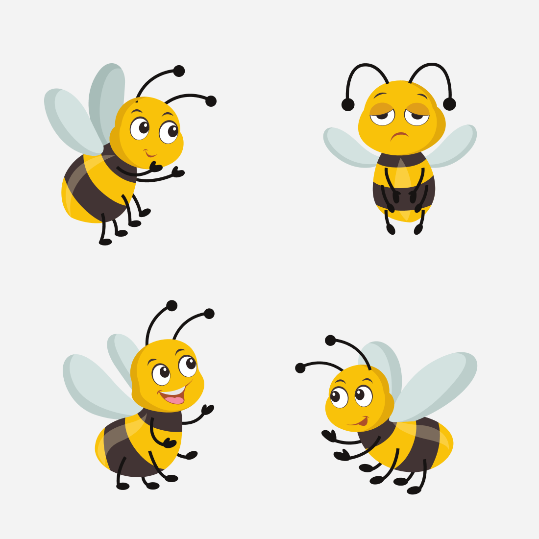 Set of four cartoon bees with different expressions.