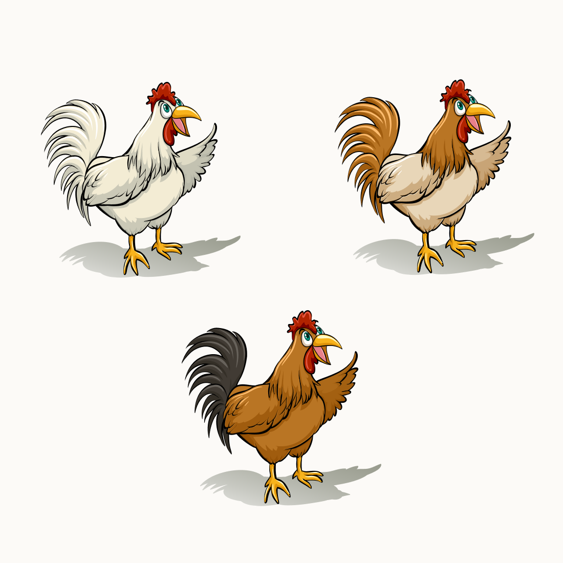 Group of three chickens standing next to each other.