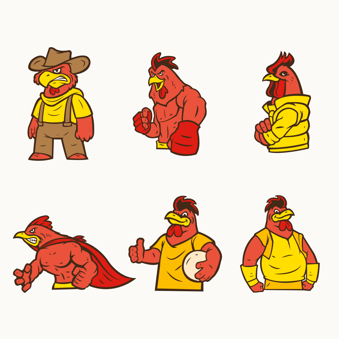 Set of six cartoon roosters in different poses.