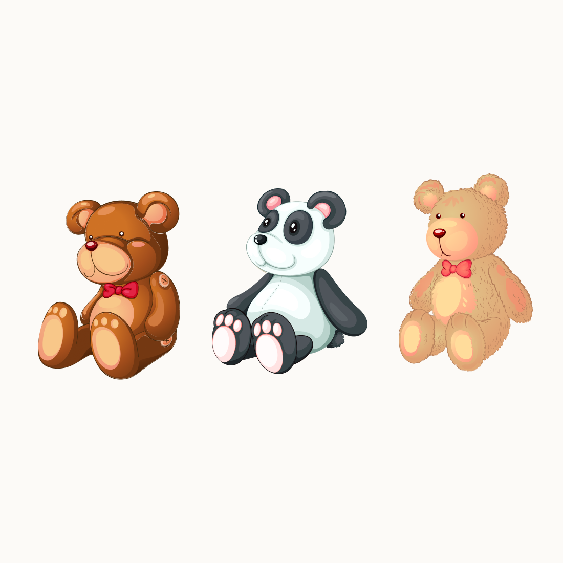 Group of three teddy bears sitting next to each other.
