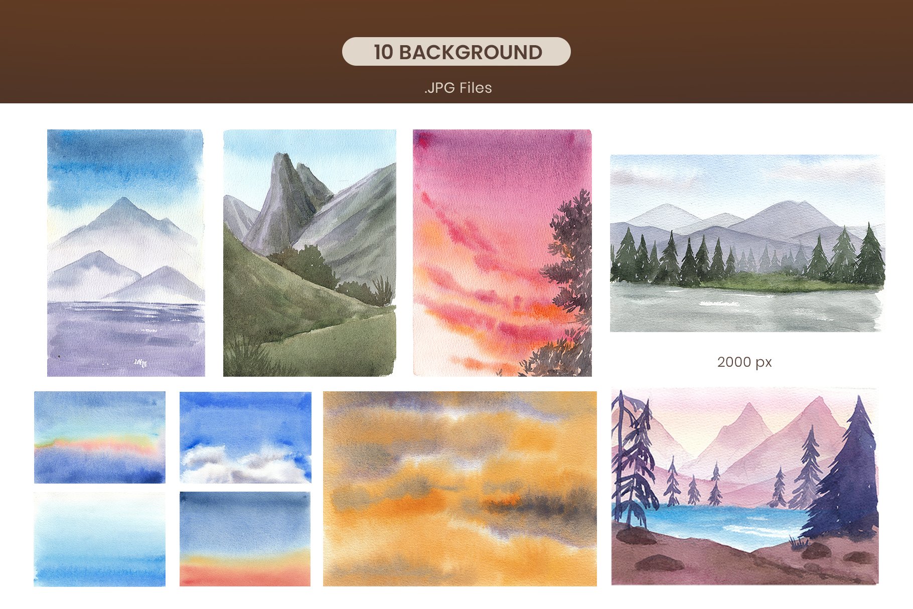 Watercolor mountains in the different colors and styles.