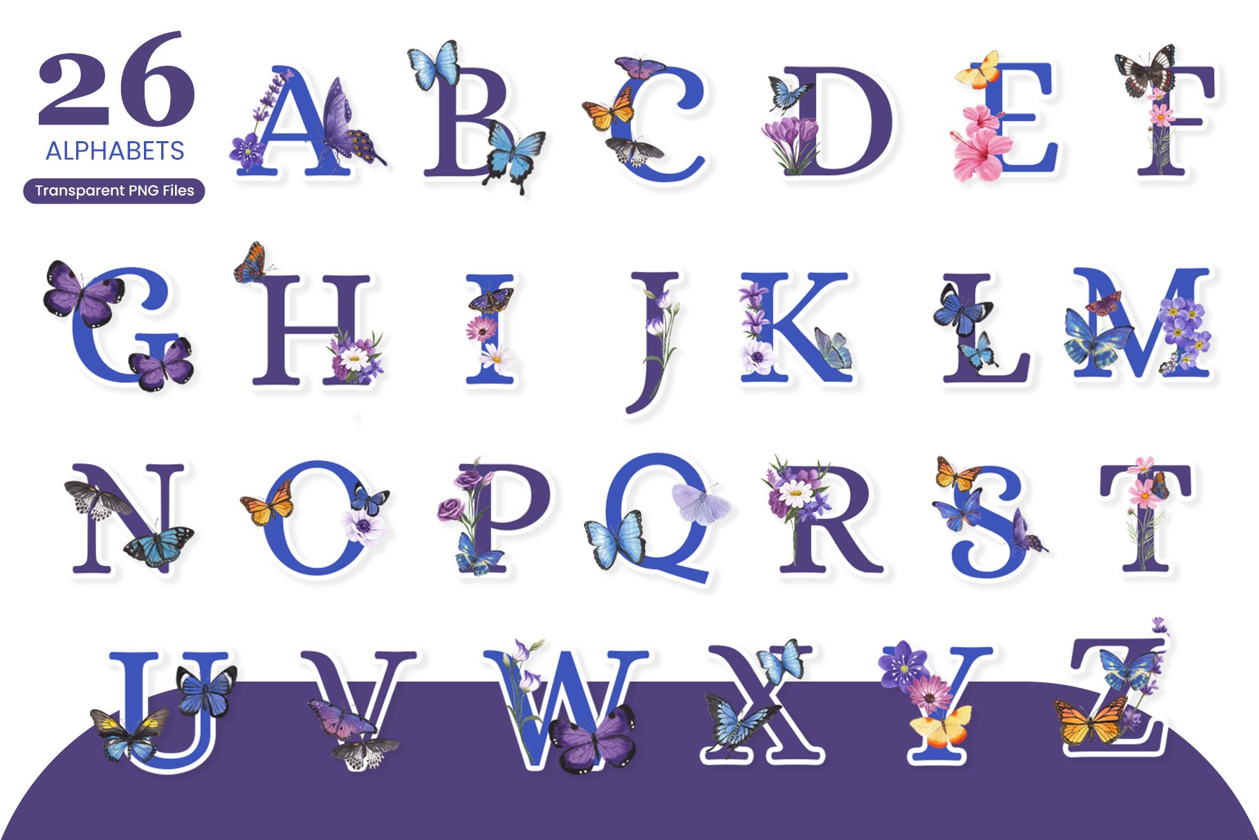 Purple blue butterfly alphabet.