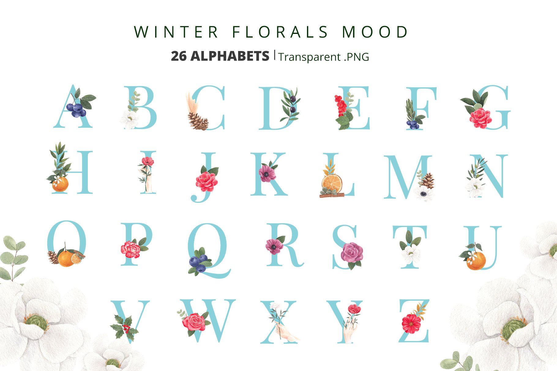 Winter florals mood alphabet.