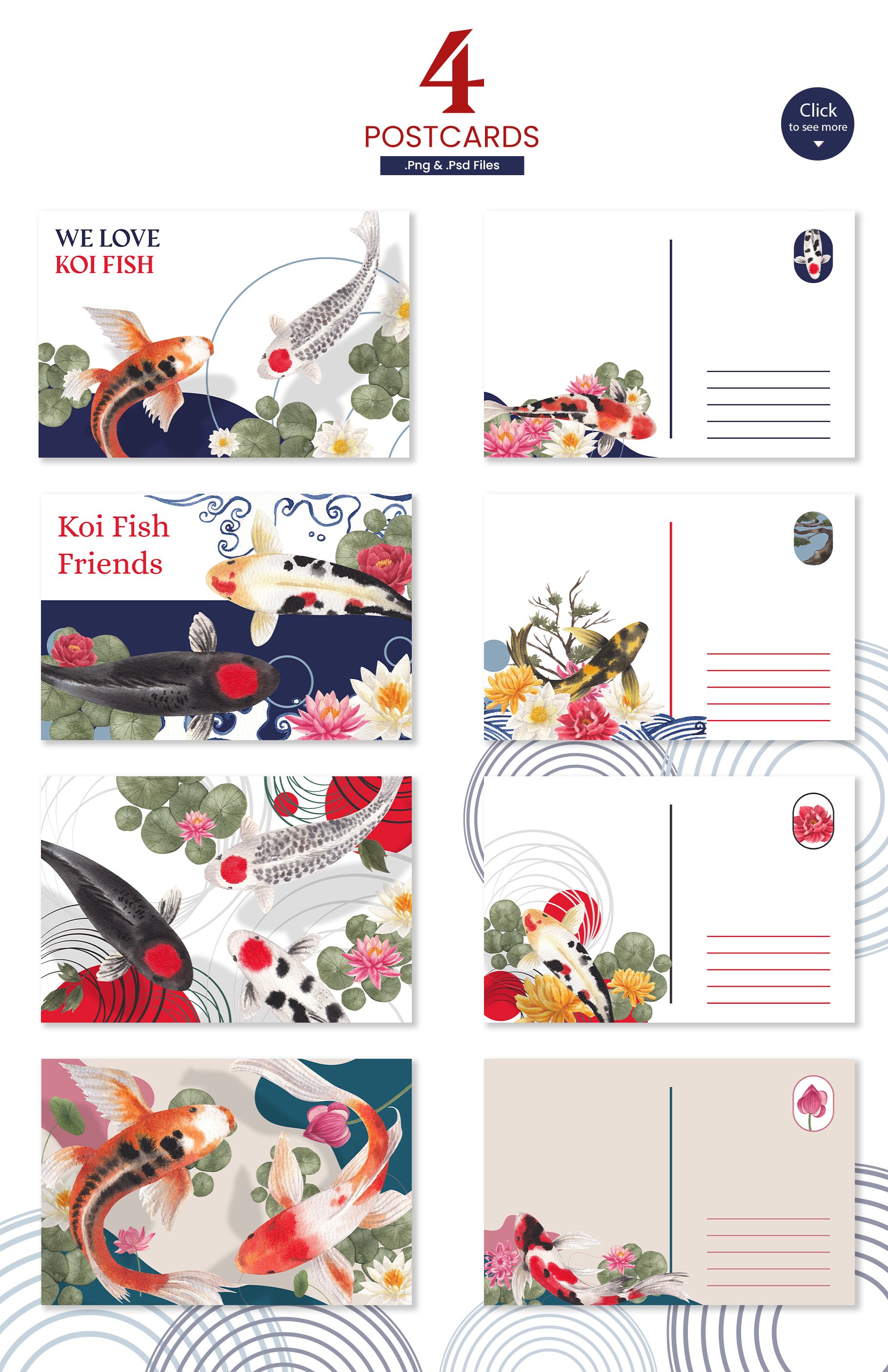 So bright koi fish postcards.