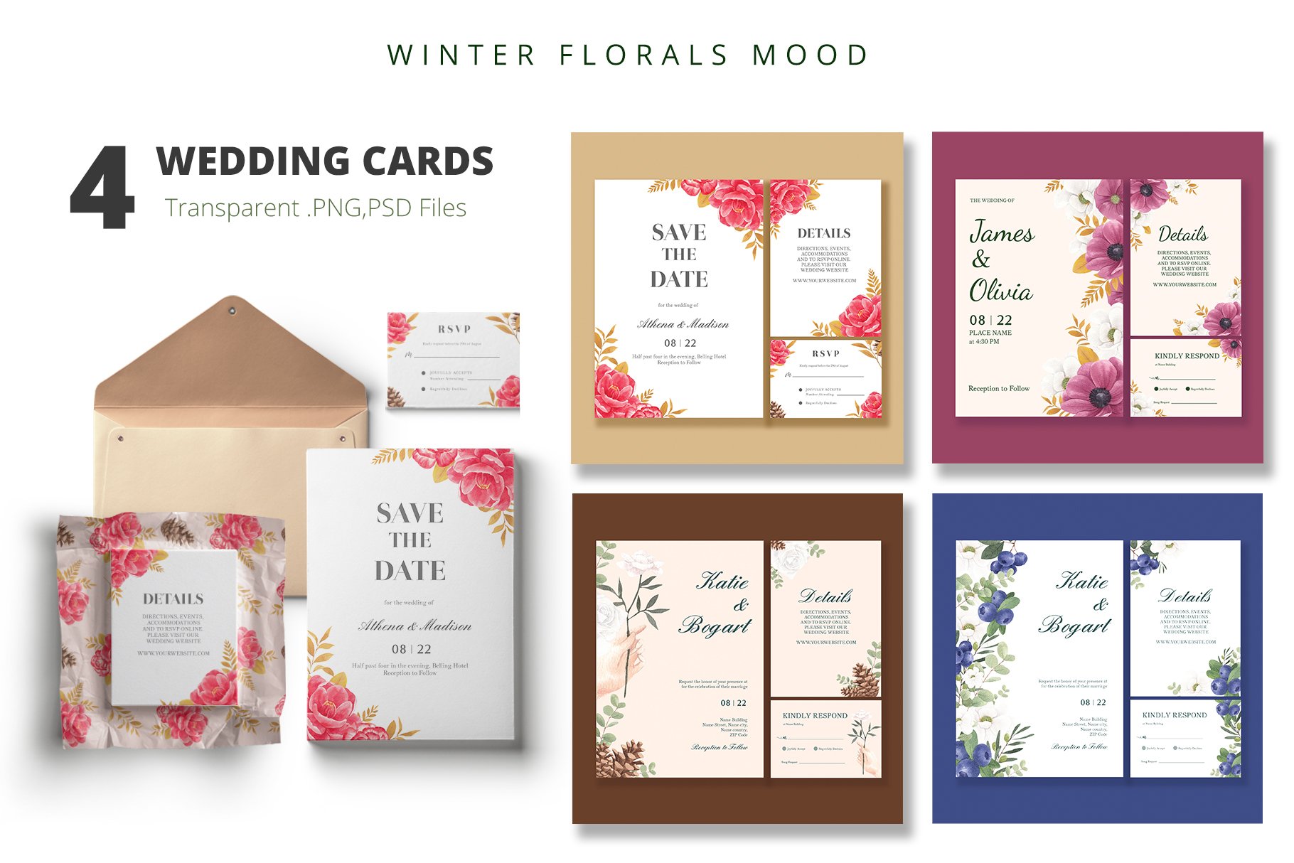 Winter florals mood wedding cards.