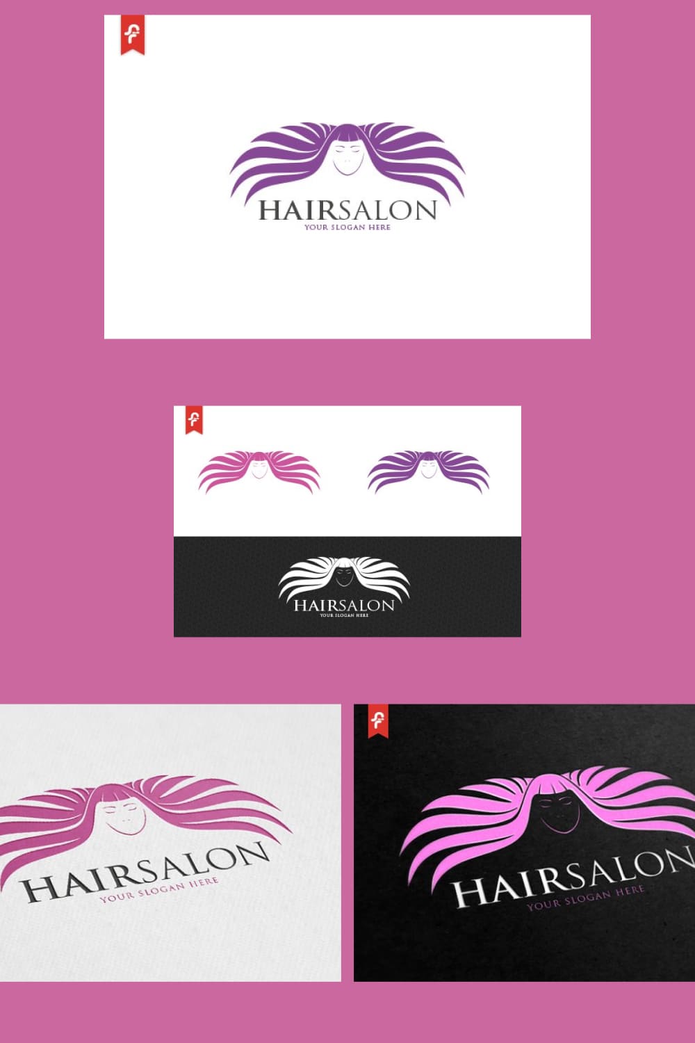 Logo designed with 4 colors: pink, purple, white and black.