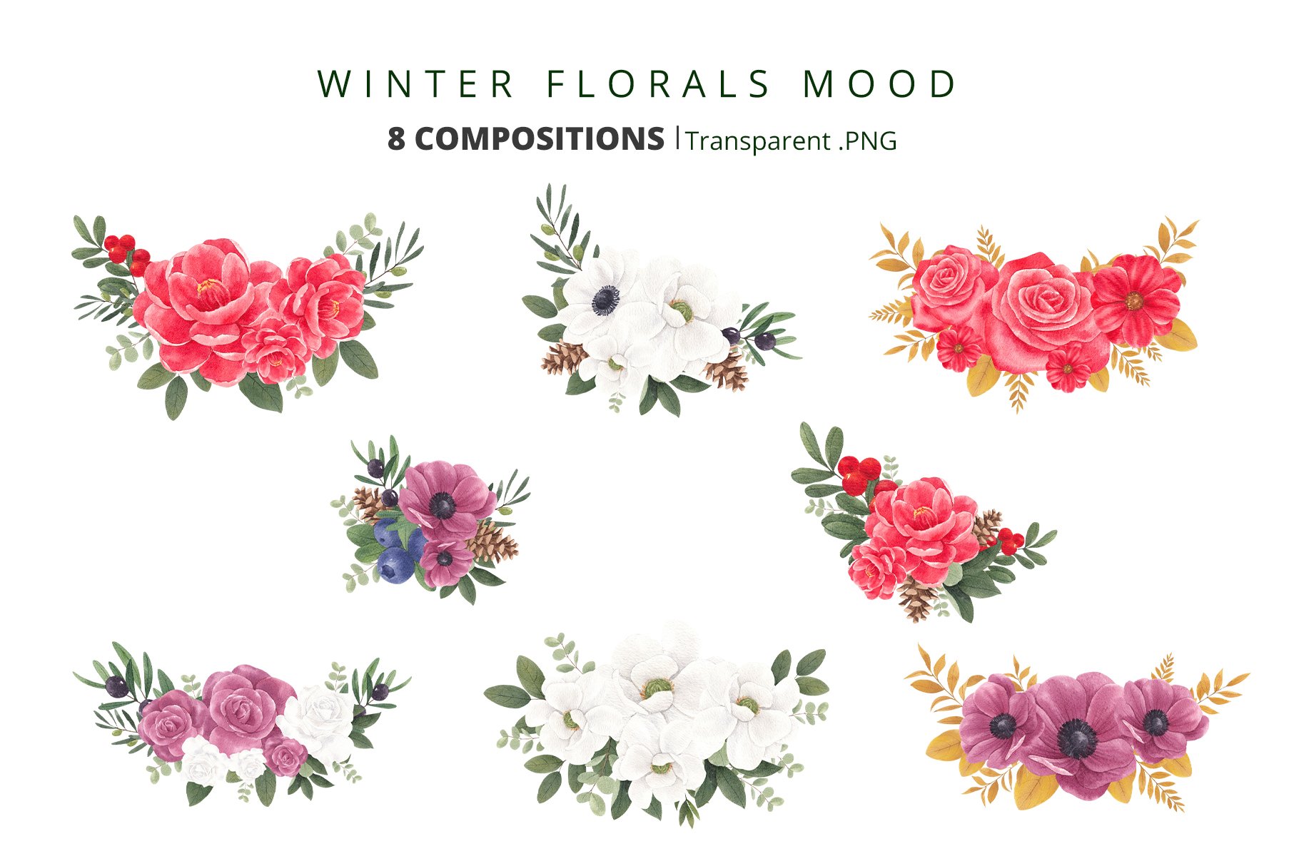 Winter florals mood flowers elements.
