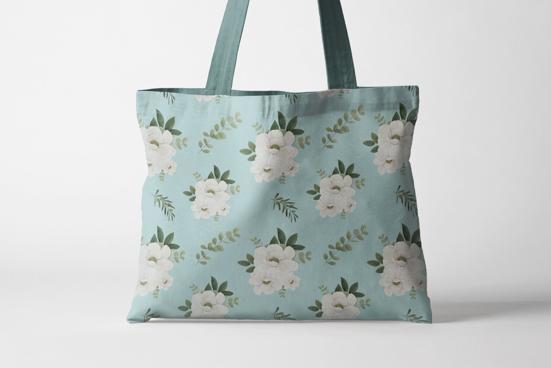 Green bag with the winter florals mood illustration.