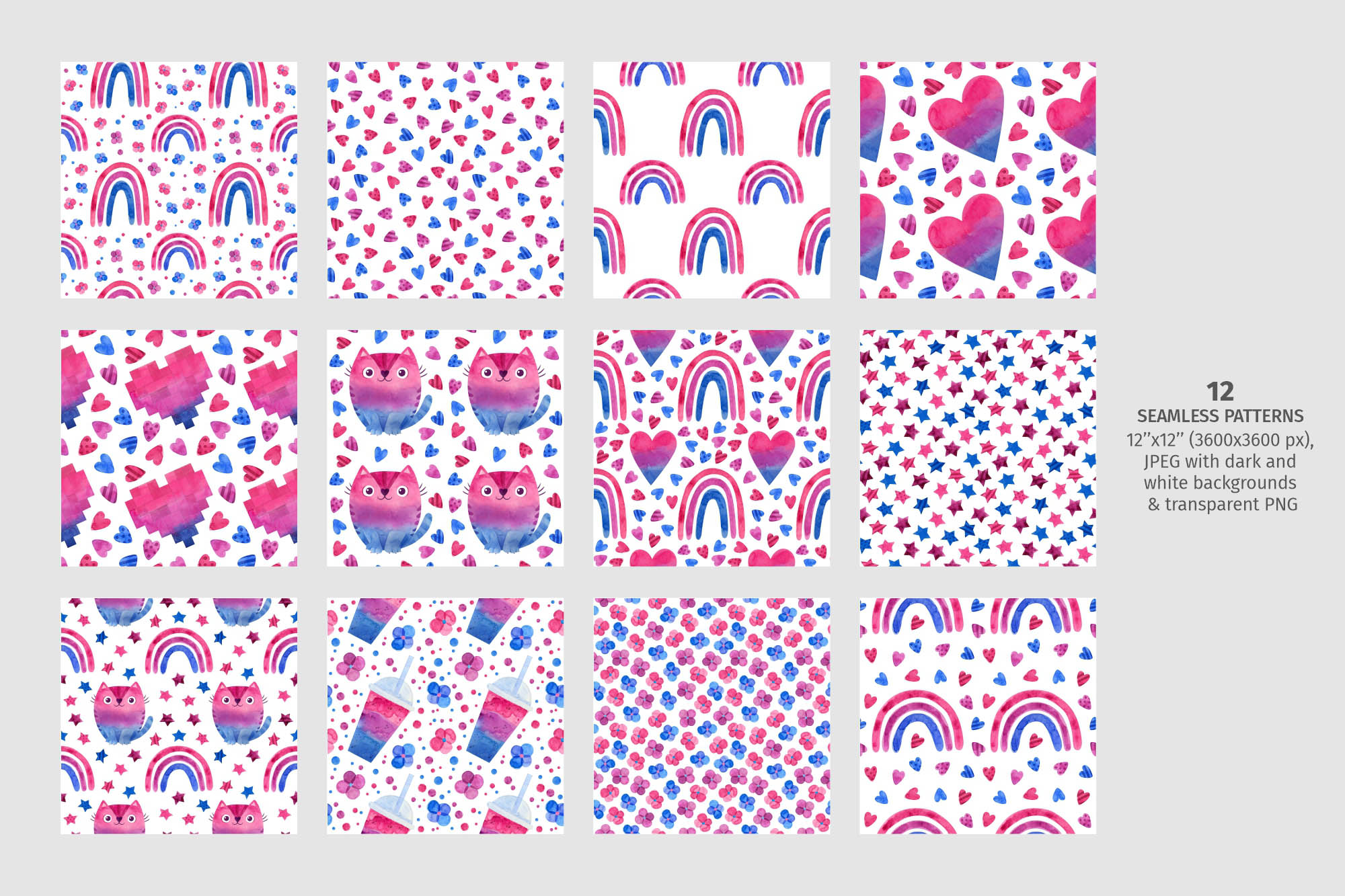 Bisexual pride watercolor clipart and seamless patterns white style.