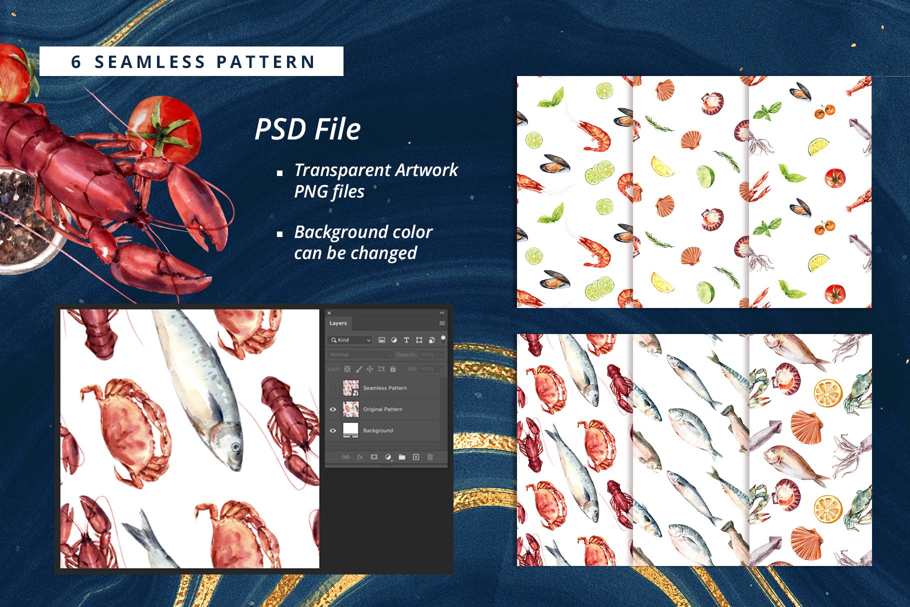 Seafood seamless patterns for you.