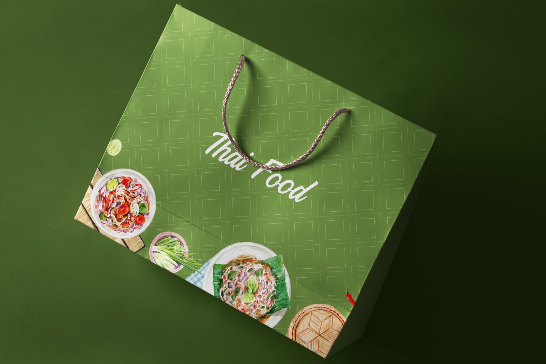 Green paper package for thai food take away.