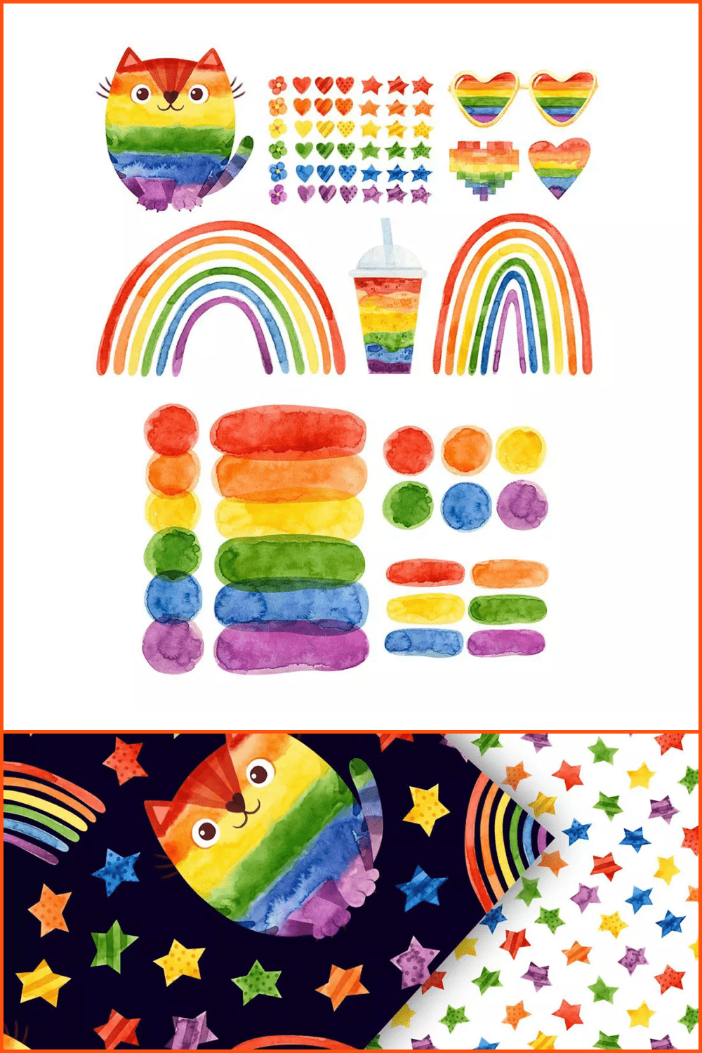 Collection of Pride elements and rainbow patterns.