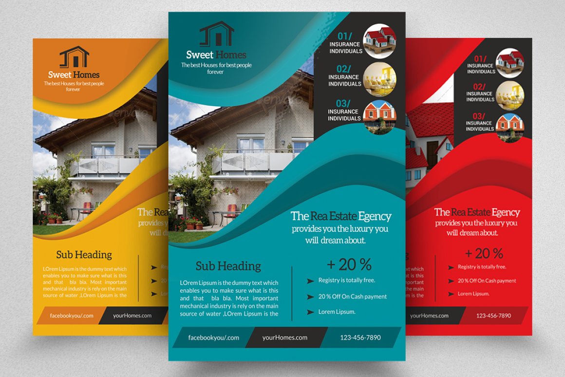 Colorful real estate flyer with the soft lines.