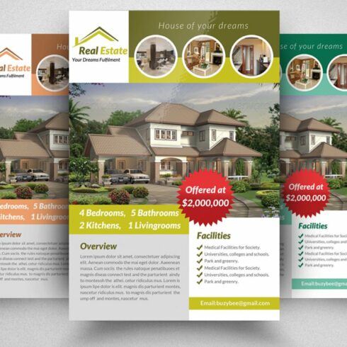 Green flyers for real estate topics.