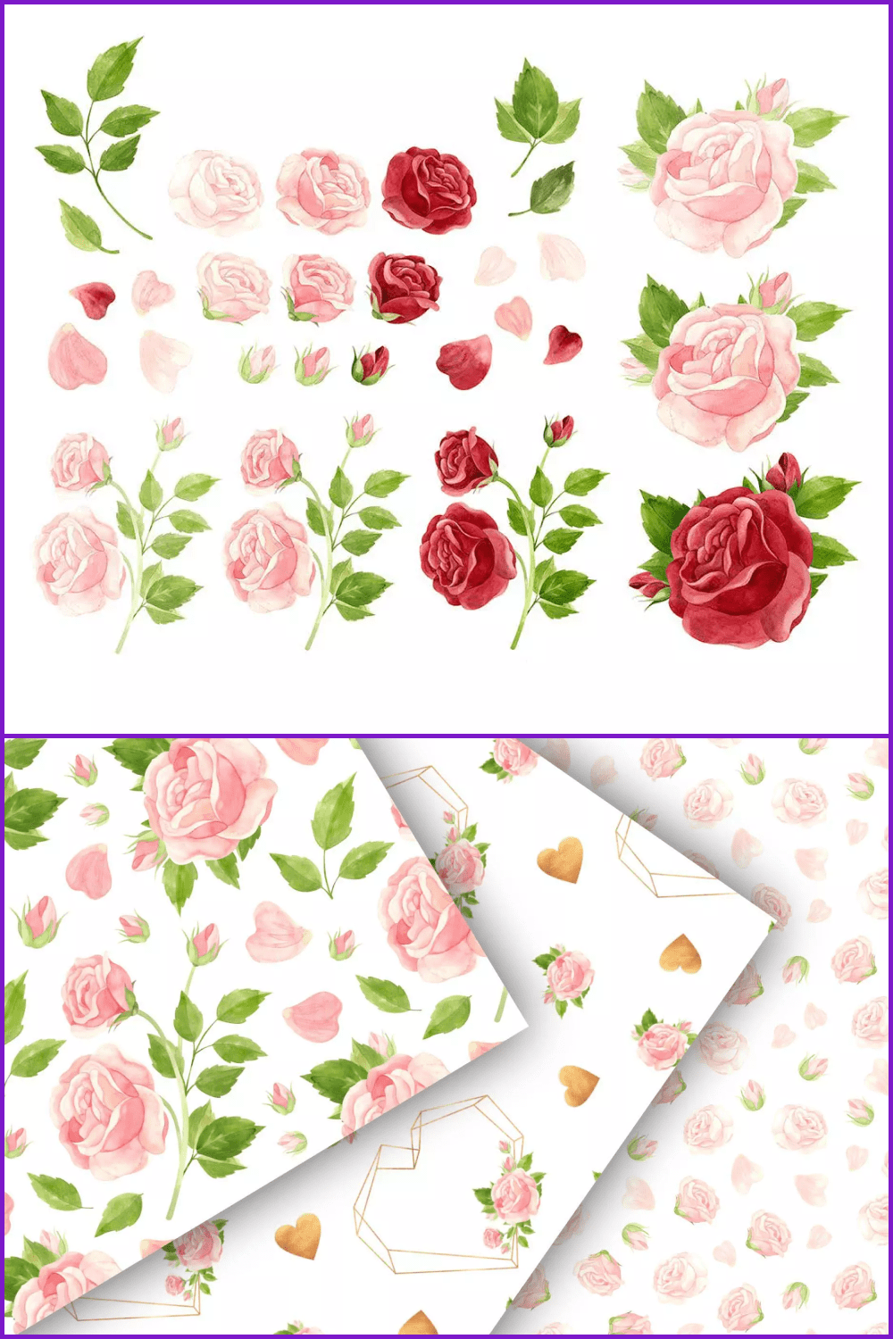 Red and pink roses with green leafs on the paper.