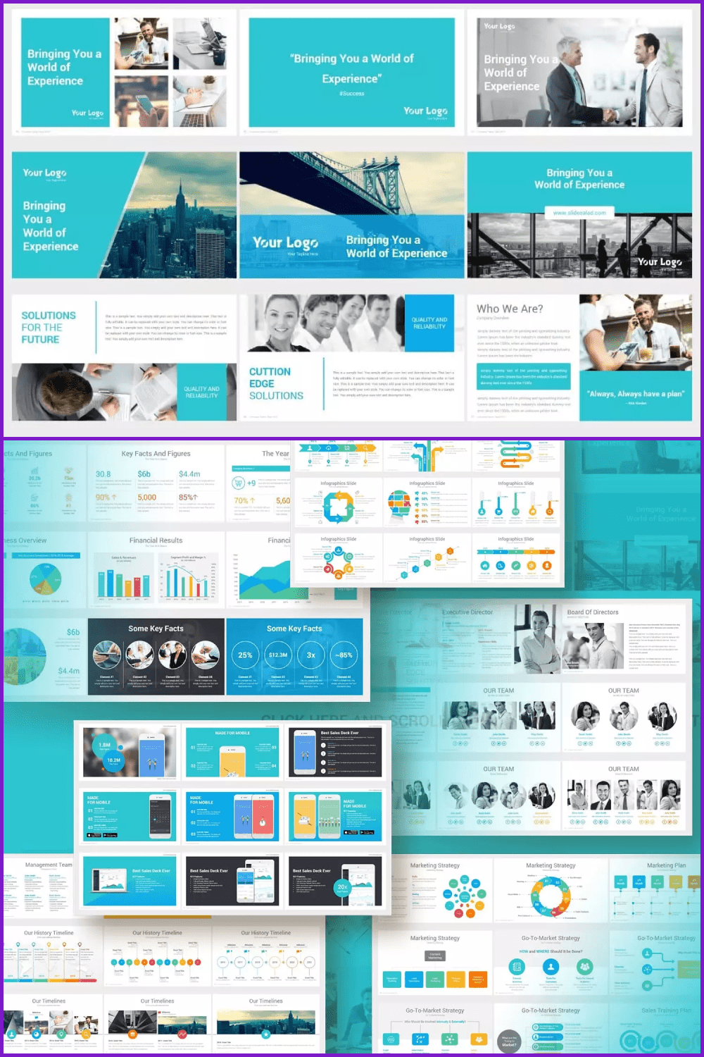 Collage with slides in gren colors with many infographics.