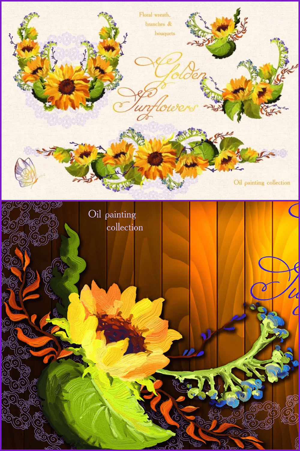Bright oil-painted sunflowers on wooden background.