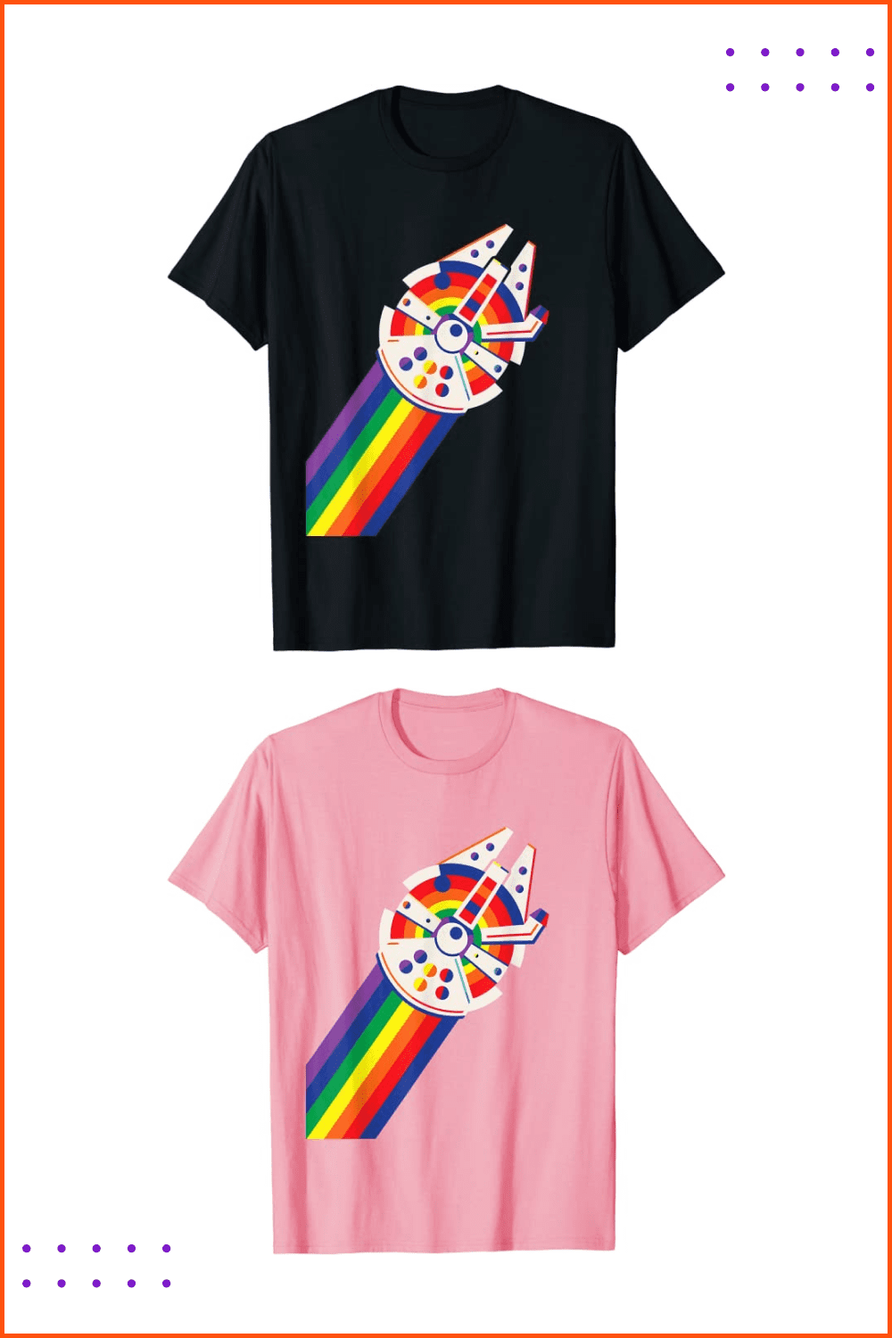T-shirts with Millenium falcon with rainbow trail.