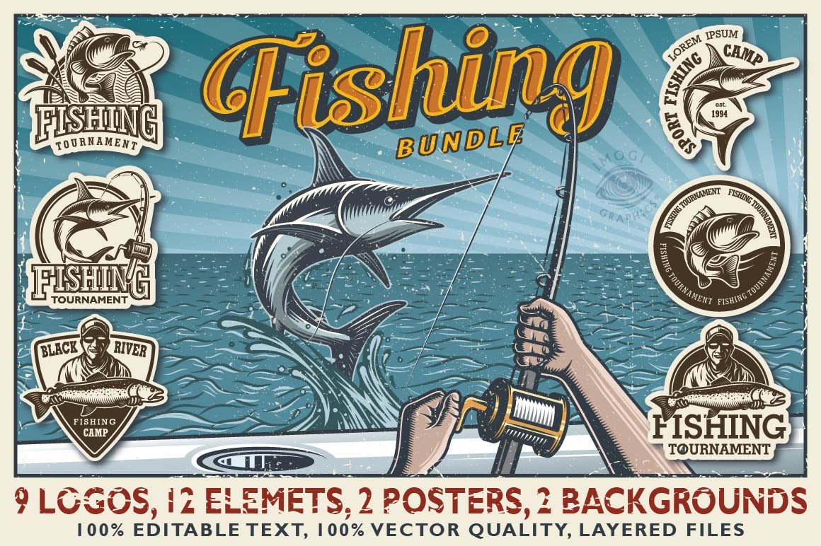 Colorful vintage fishing illustrations.