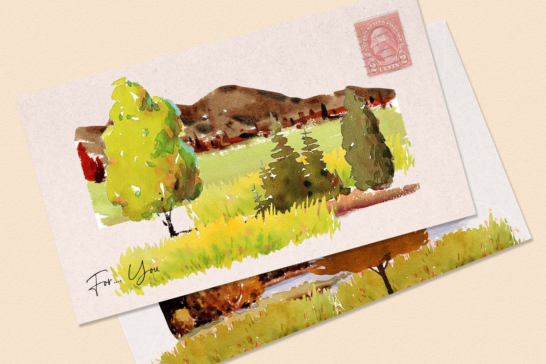 Watercolor landscape autumn postcard.