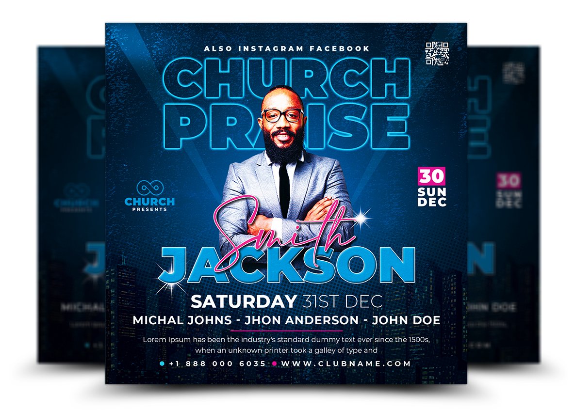 Dark church flyer with the blue font.