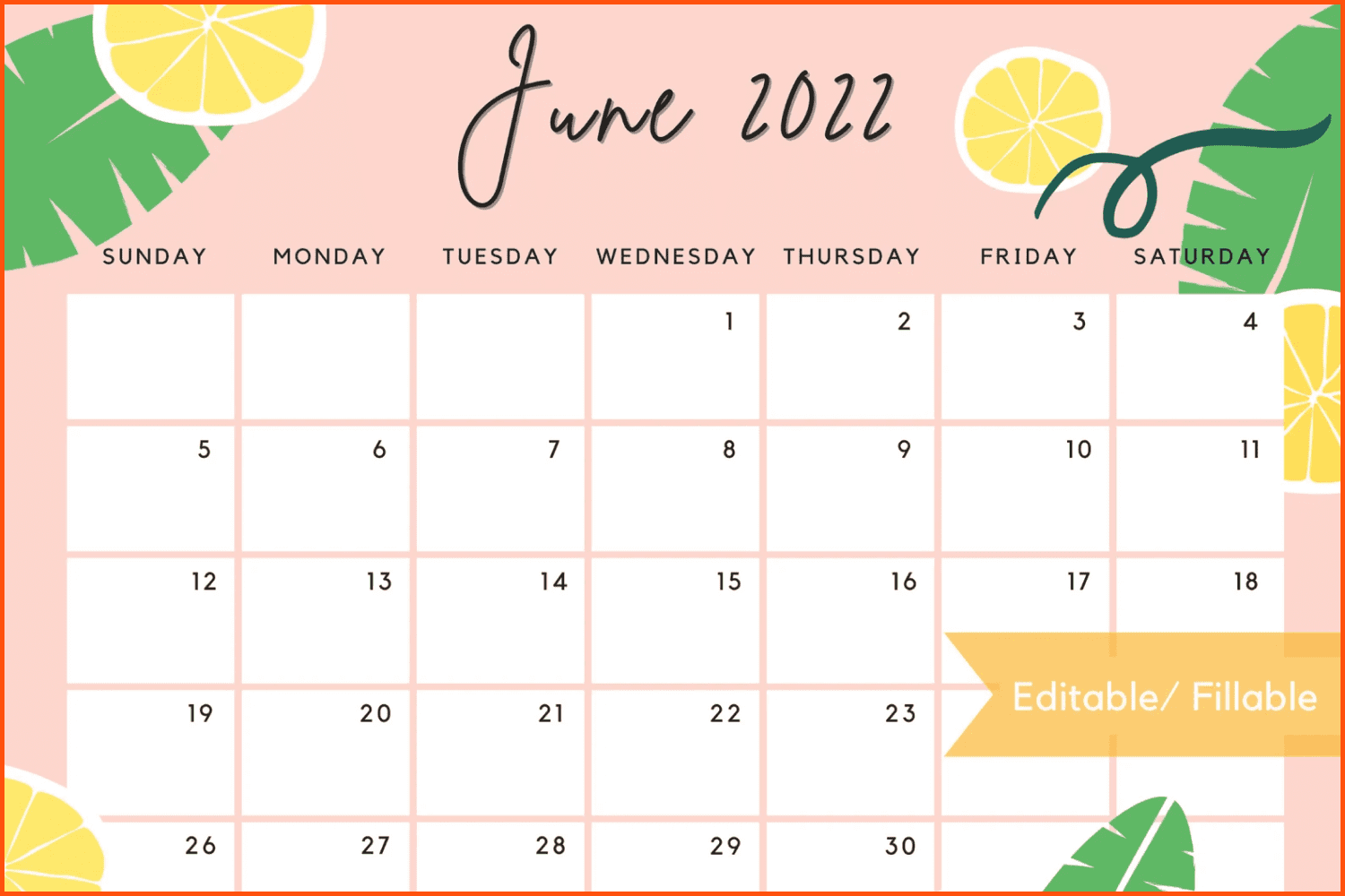 Cute Summer Printable Calendar Editable.