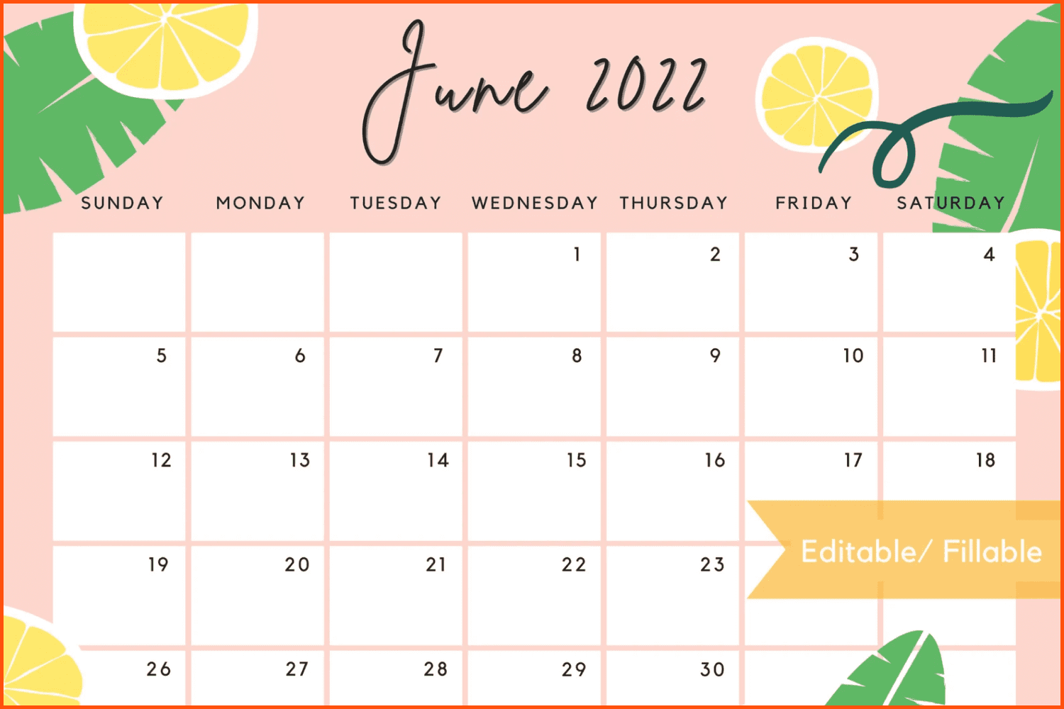 Editable June 2022 Calendar Printable Template Calendar