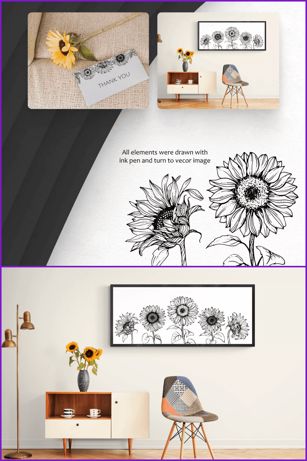 Collage with interior photos with ink-painted sunflowers.