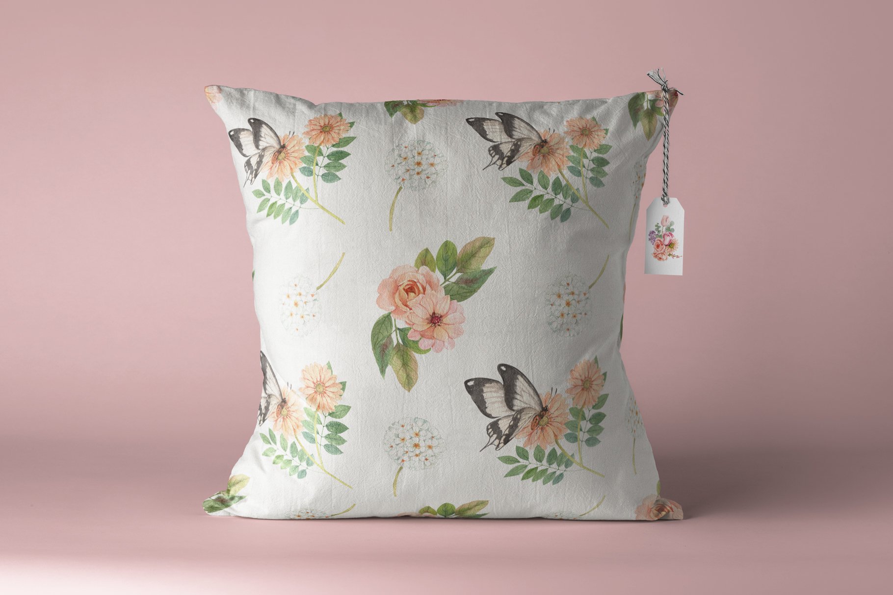 Delicate pillow with the orange butterfly illustration.