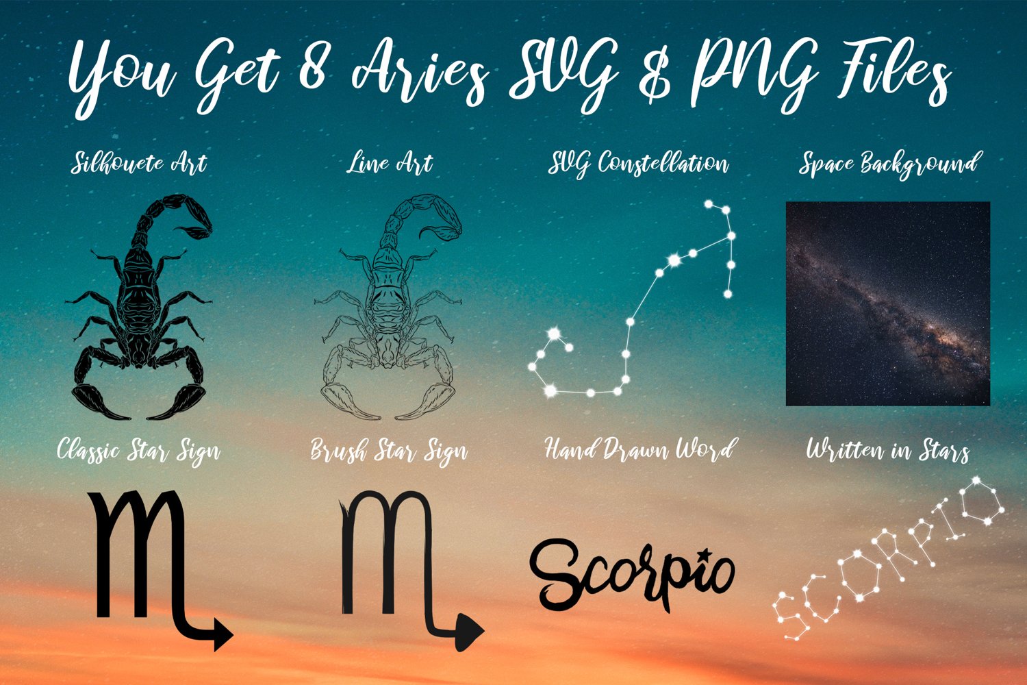 Zodiac signs and their names on a night sky.