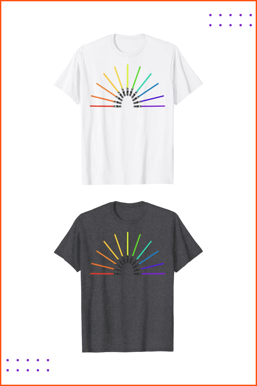 White t-shirt with lightsaber rainbow.